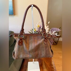 Fossil Multicolor Woven tapestry Shoulder Bag with Brown leather Braided Handles